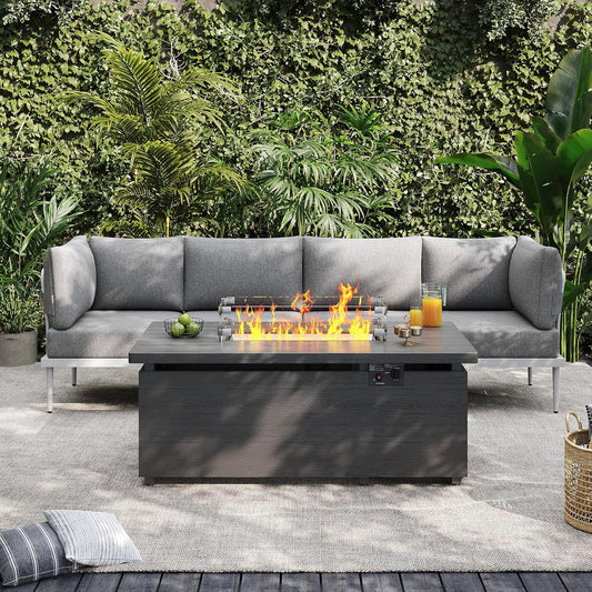 Sundale Outdoor 5 Pieces Metal Patio Furniture Set with Fire Pit Table, Outdoor Sectional Sofa w/6 Inch Olefin Cushion, Modern Outdoor Conversation Sets
