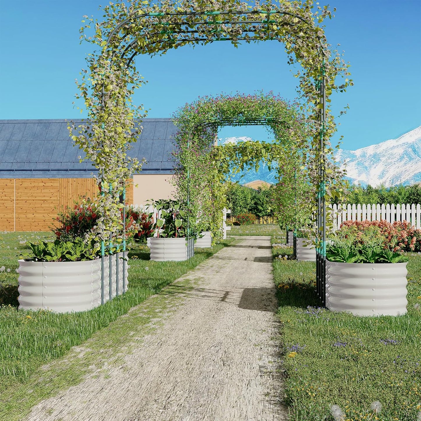 Galvanized Raised Garden Bed with 96" Tall Vertical Arch Trellis – Expandable Rust-Resistant Planter Box for Outdoor Plants, Flowers, Herbs & Vines – Includes Plant Clips, Drainage Netting,Beige