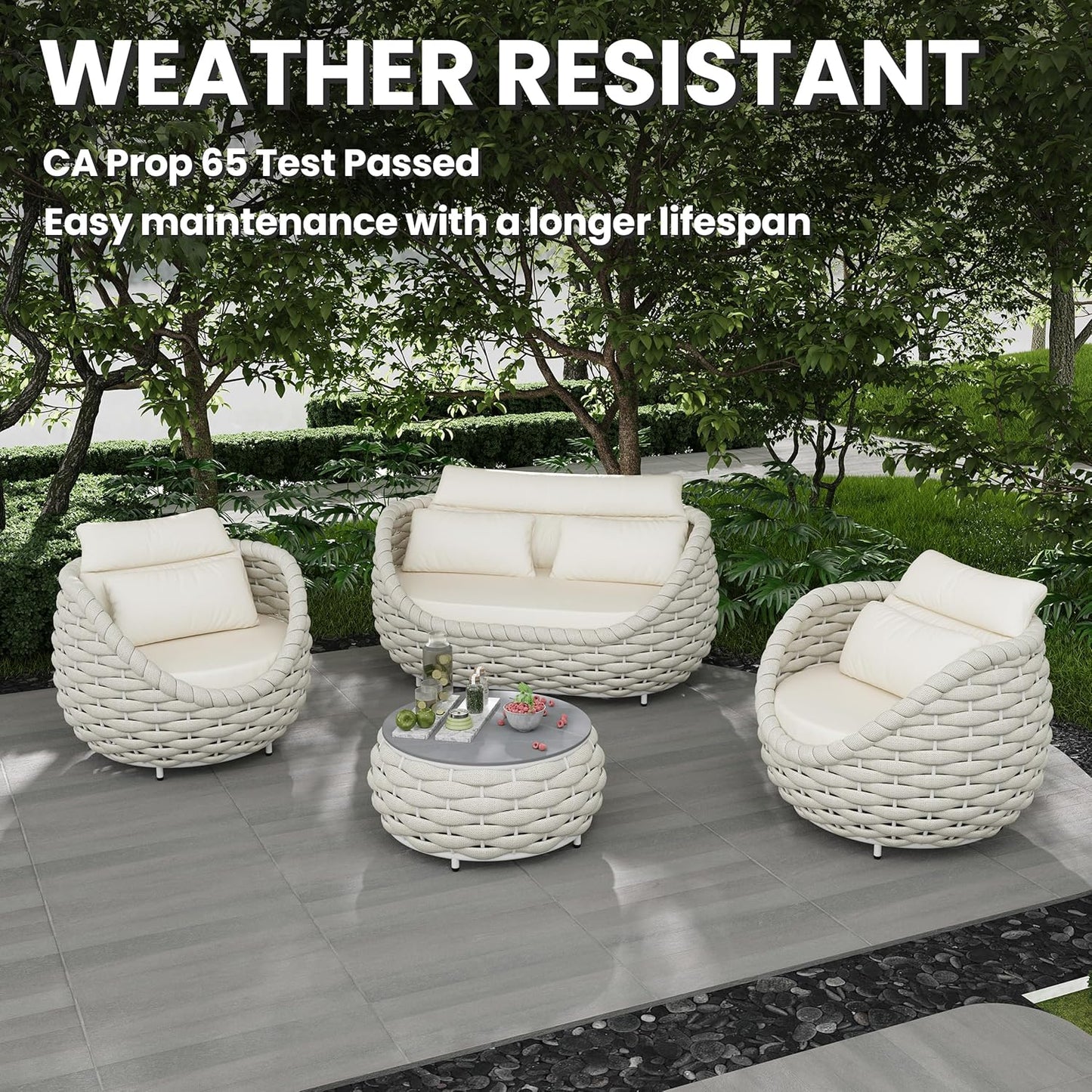 Metal Backyard Furniture Set: Aluminum Assembled Front Porch 4 Pieces Outdoor Set - Woven Rope Patio Conversation Set Modern - Cushioned Deck Couch Set Garden Sunroom Pool Hotel Resort, Beige