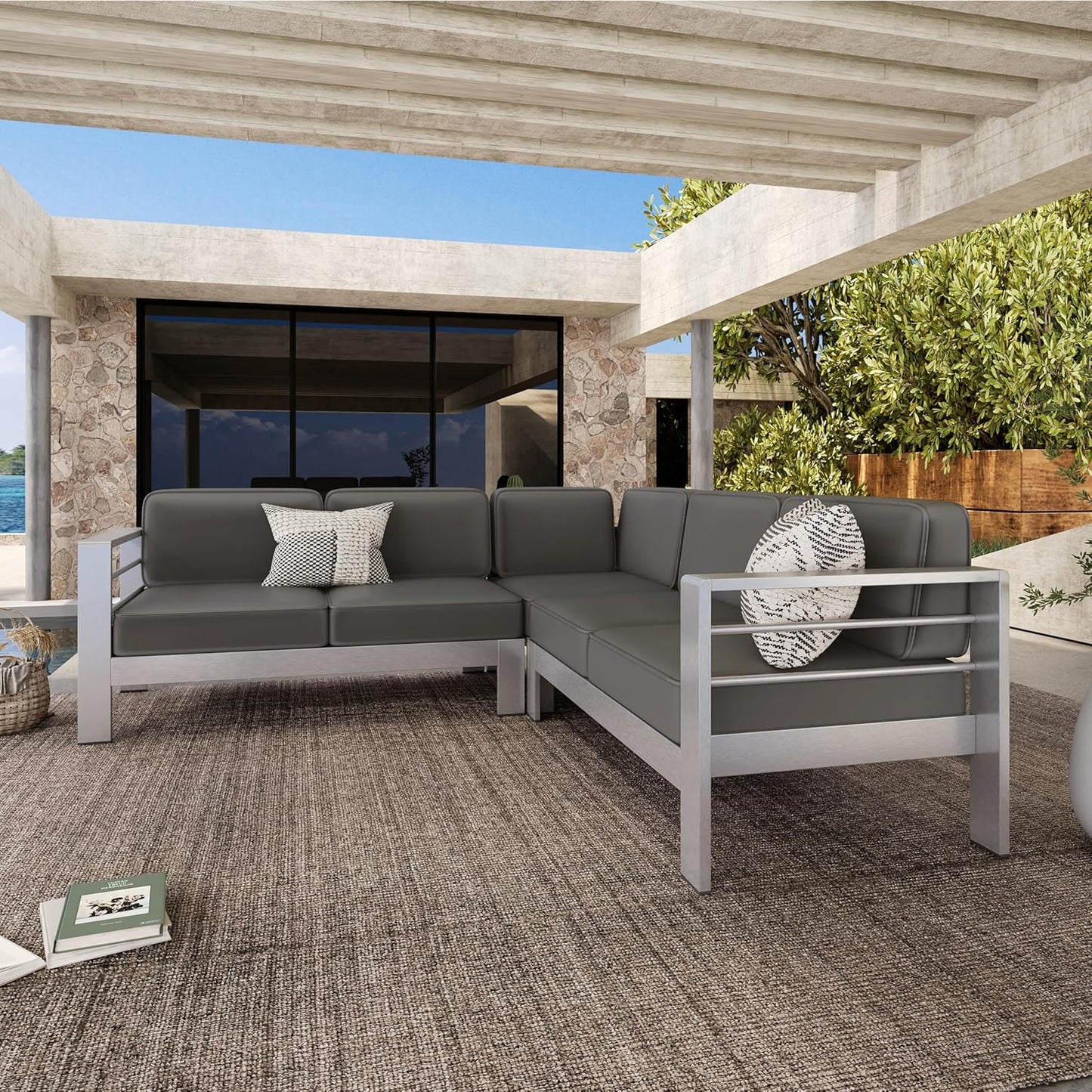 Outdoor Aluminum Furniture Set, 4-Person Patio Sectional Conversation Sofa Set, L-Shaped Outdoor Sectional Sofa with Cushions for Patios, Poolsides, Gardens (Khaki, Silver+Grey)