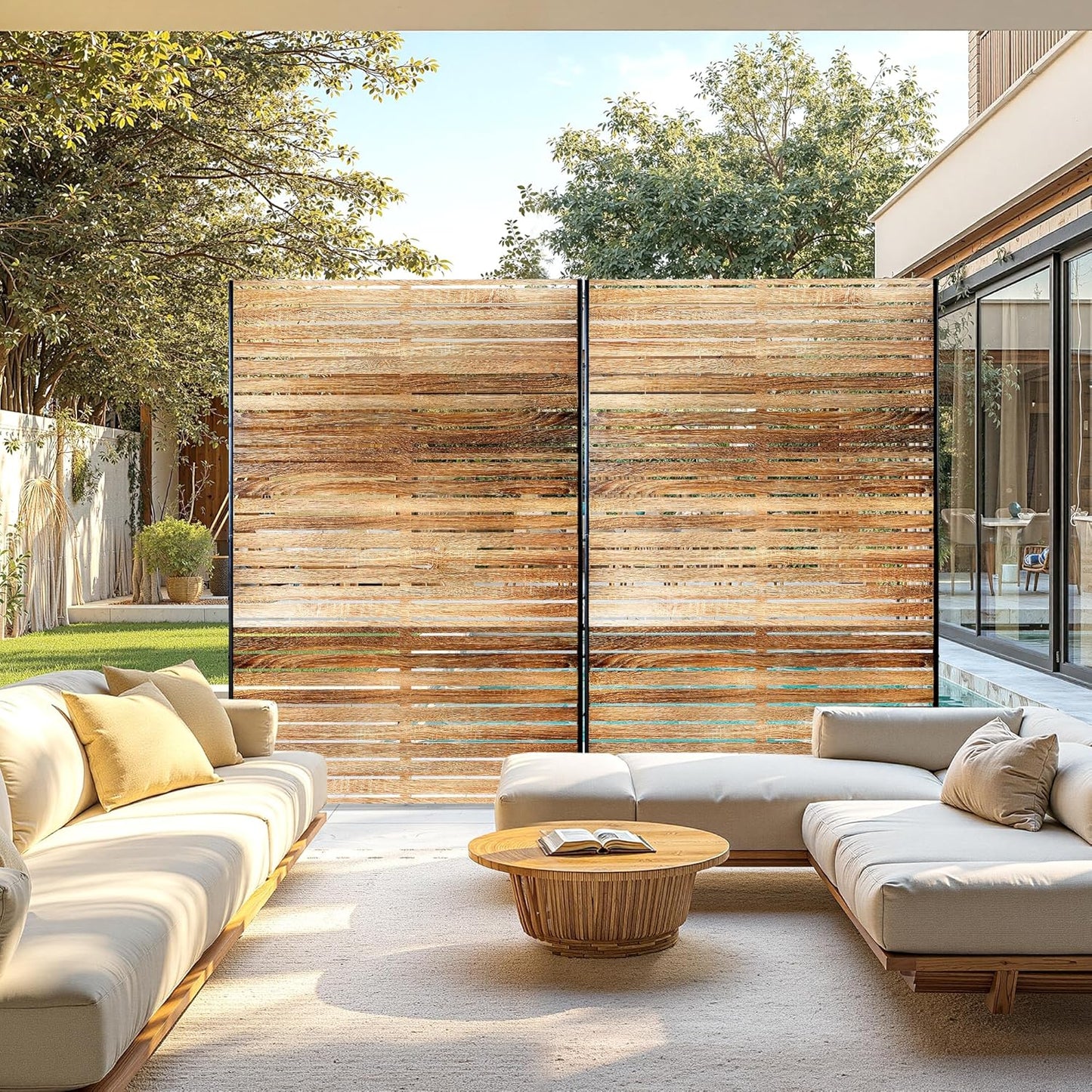 FENCY Outdoor Privacy Screen, 72" H×47" W Metal Patio Privacy Screen, Freestanding Decorative for Deck Balcony Patio Natural Wood Color