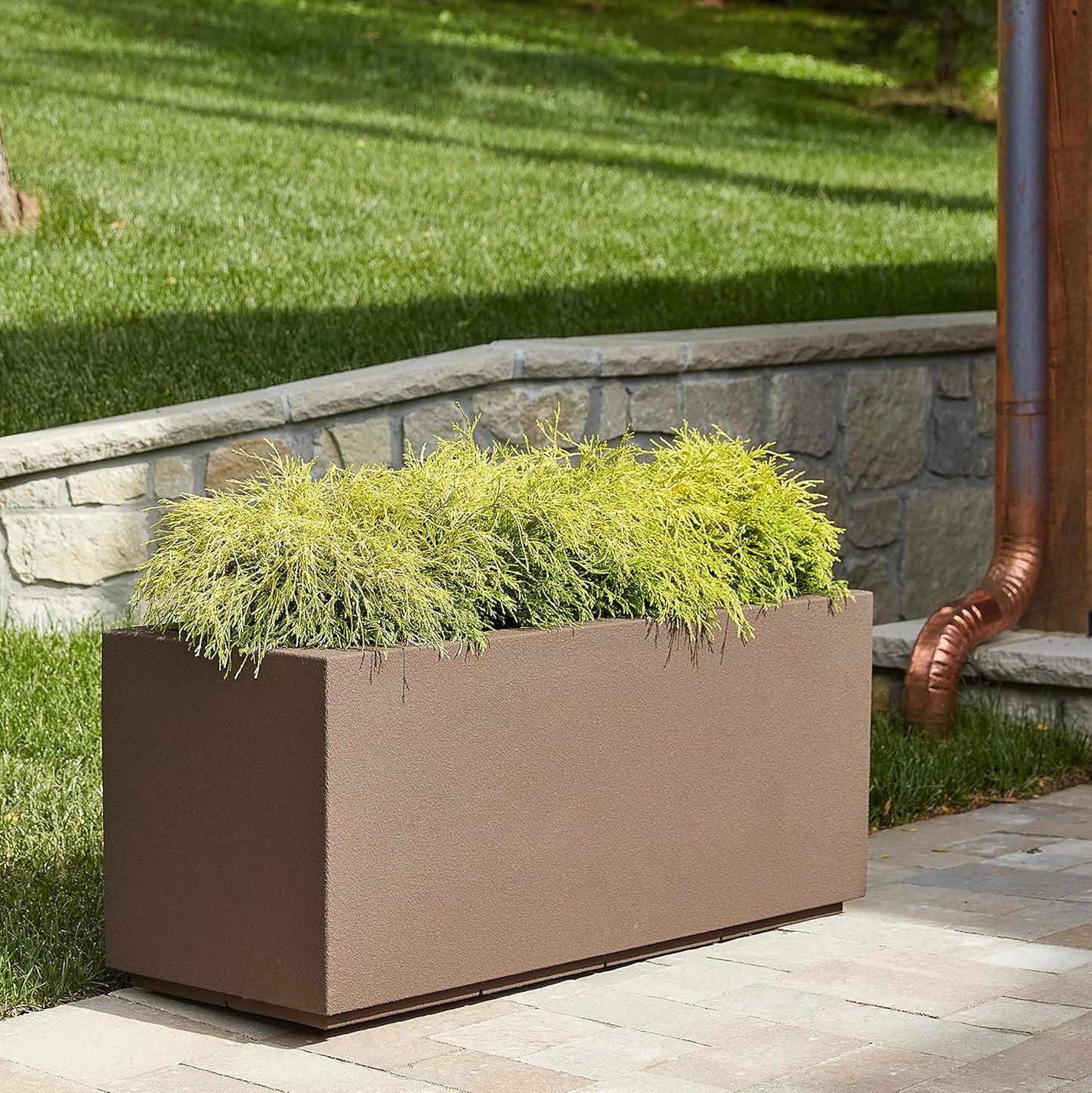 PolyStone Milan Tall Modern Outdoor/Indoor Rectangular Trough Planter, 17" L X 46" W X 19" H, Lightweight, Heavy Duty, Weather Resistant, Polymer Finish, Commercial and Residential (Chocolate Brown)