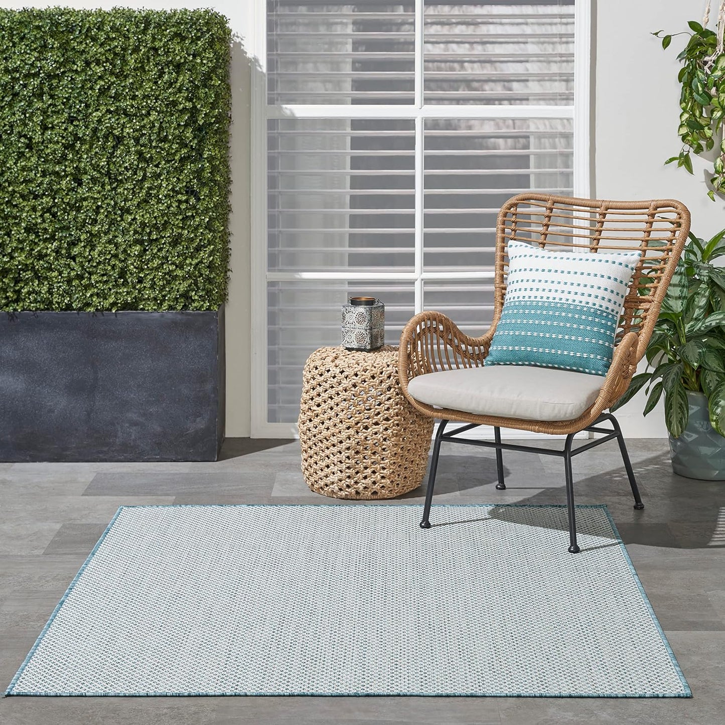 Nourison Home Courtyard Indoor/Outdoor Ivory/Aqua 5' x Square Area Rug, Easy Cleaning, Non Shedding, Bed Room, Living Room, Dining Room, Backyard, Deck, Patio (5 Square)