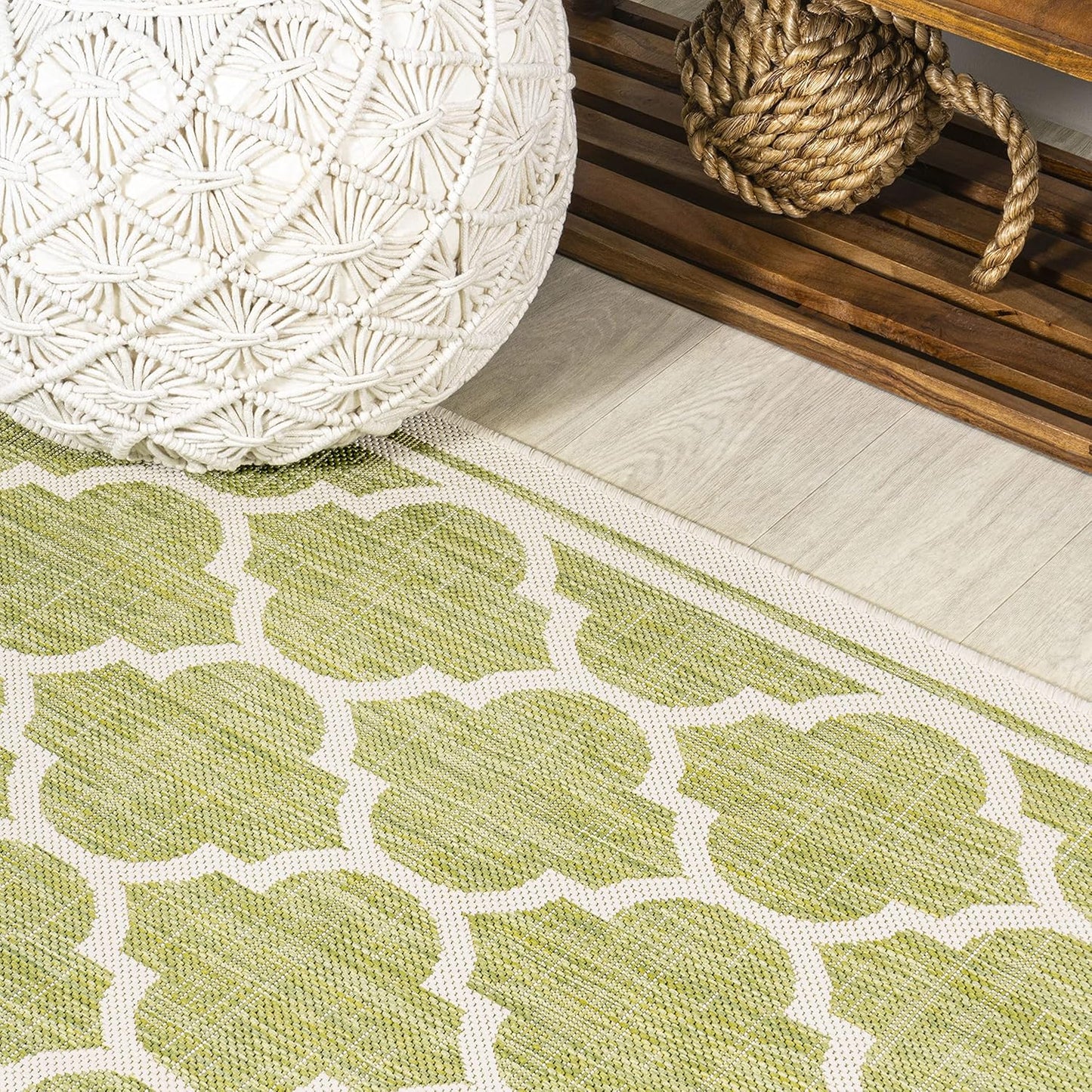 Eyely BMS109G-5SQ Santa Monica Trebol Moroccan Trellis Textured Weave Indoor/Outdoor Area Rug Coastal;Bohemian, Bedroom, Backyard, Patio, Easy-Cleaning, Non-Shedding, 5' Square, Green/Cream