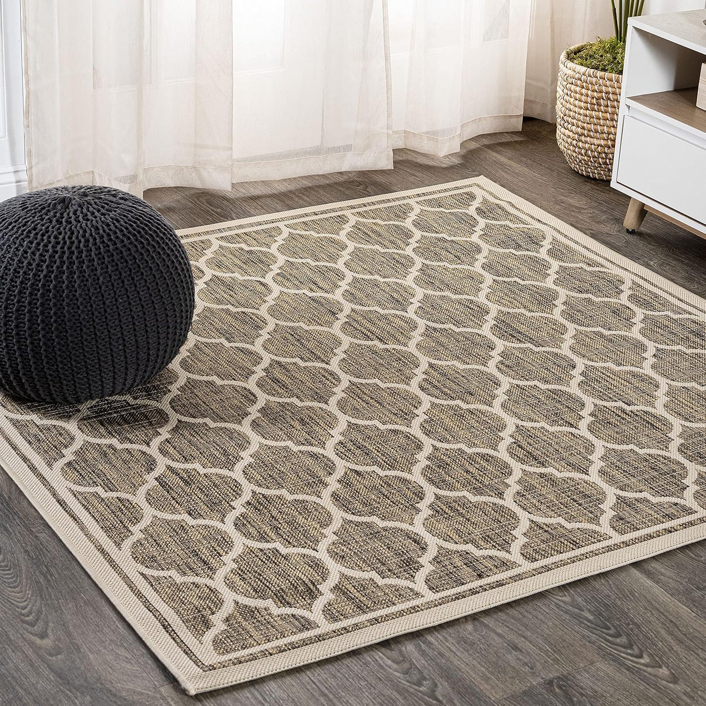 Eyely BMS109A-6SQ Santa Monica Trebol Moroccan Trellis Textured Weave, Pet Friendly, Non-Shedding, Stain Resistant, Easy-Cleaning, Brown/Beige, 6' Square, Indoor/Outdoor, Area Rug