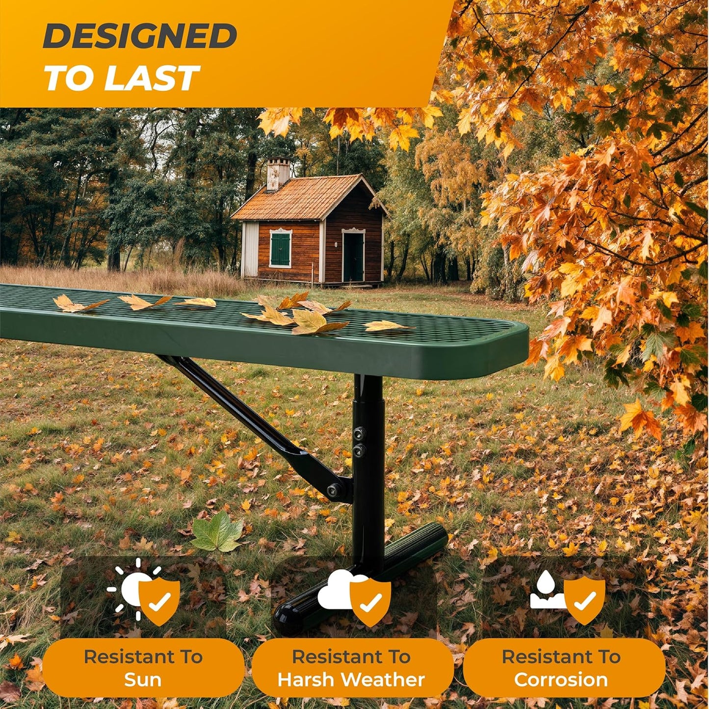 Heavy-Duty Outdoor Metal Bench, Thermoplastic-Coated, Portable, Weatherproof, Commercial-Grade for Parks, Gardens, Patios, Stores & More (8 Ft - Portable, Green)