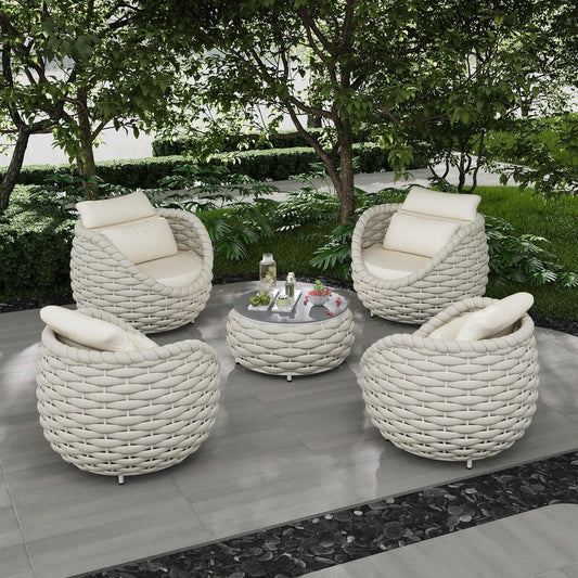 Woven Rope Patio Furniture Set: 5 Pieces Aluminum Outdoor Conversation Sofa Set All Weather - Cushioned Modern Deck Couch Set Assembled for 400lbs Front Porch Garden Lanai Sunroom Hotel, Beige