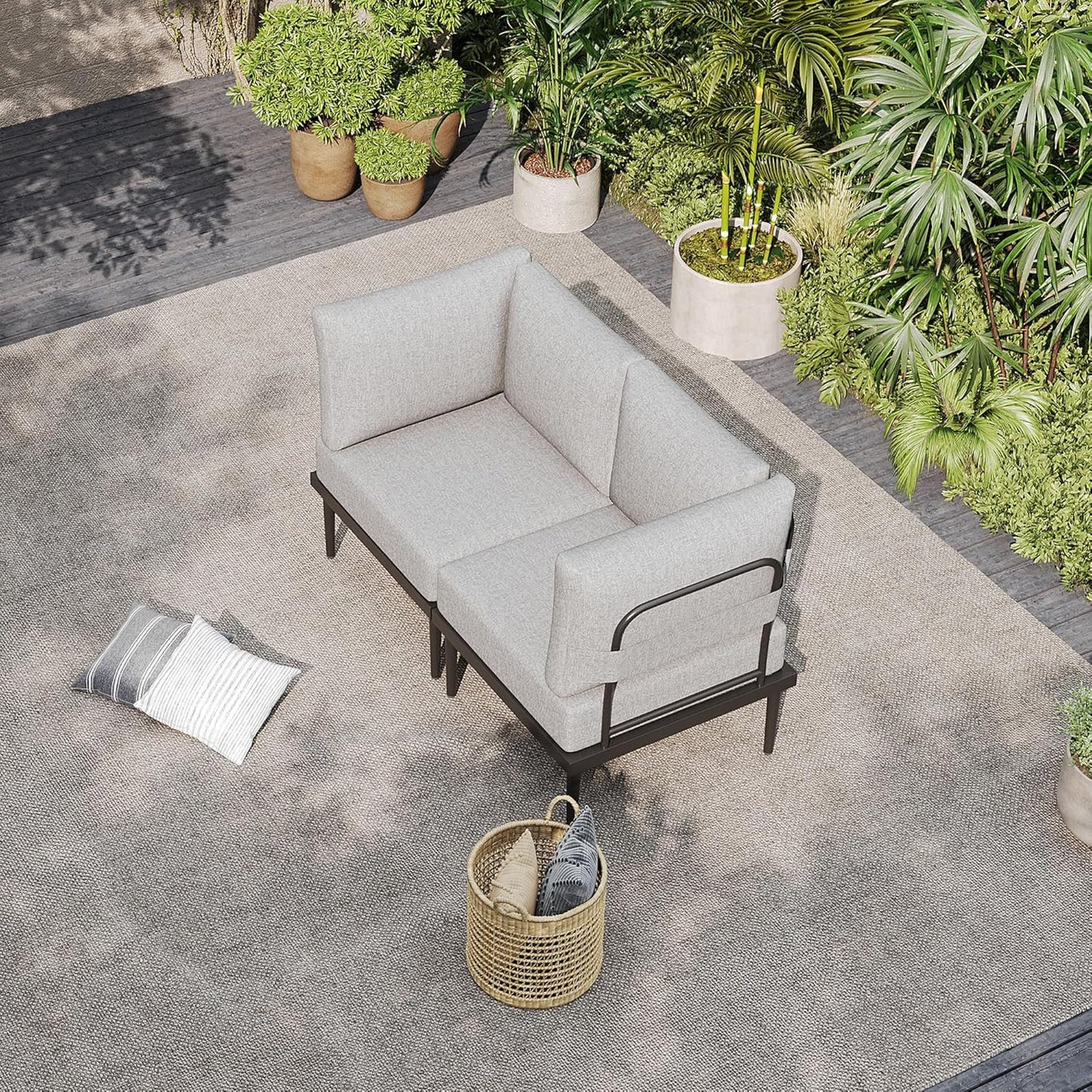 Sundale Outdoor 2 Pieces Metal Patio Furniture Set, Outdoor Sectional Sofa w/6 Inch Olefin Cushion, Modern Outdoor Conversation Sets