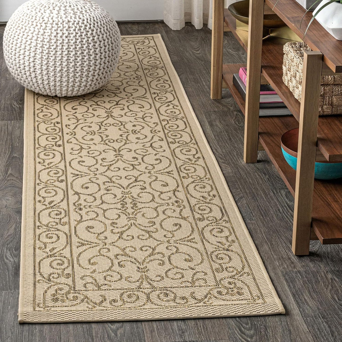 JONATHAN Y SMB106A-210 Charleston Vintage Filigree Textured Weave Indoor Outdoor Runner Rug Classic Coastal Easy-Cleaning Bedroom Kitchen Backyard Patio Non Shedding, 2 X 10, Beige/Brown