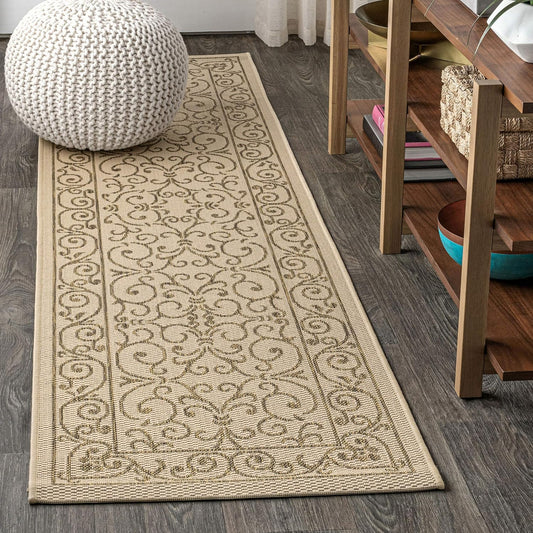 JONATHAN Y SMB106A-210 Charleston Vintage Filigree Textured Weave Indoor Outdoor Runner Rug Classic Coastal Easy-Cleaning Bedroom Kitchen Backyard Patio Non Shedding, 2 X 10, Beige/Brown