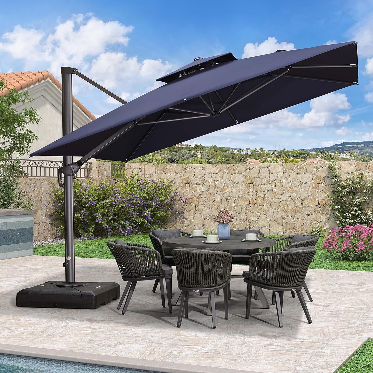 PURPLE LEAF 11FT Cantilever Outdoor Umbrellas Large Patio Umbrella Hanging Double Top Square Offset Umbrella with 360°Rotation Tilting Umbrella Outdoor Patio, Navy Blue