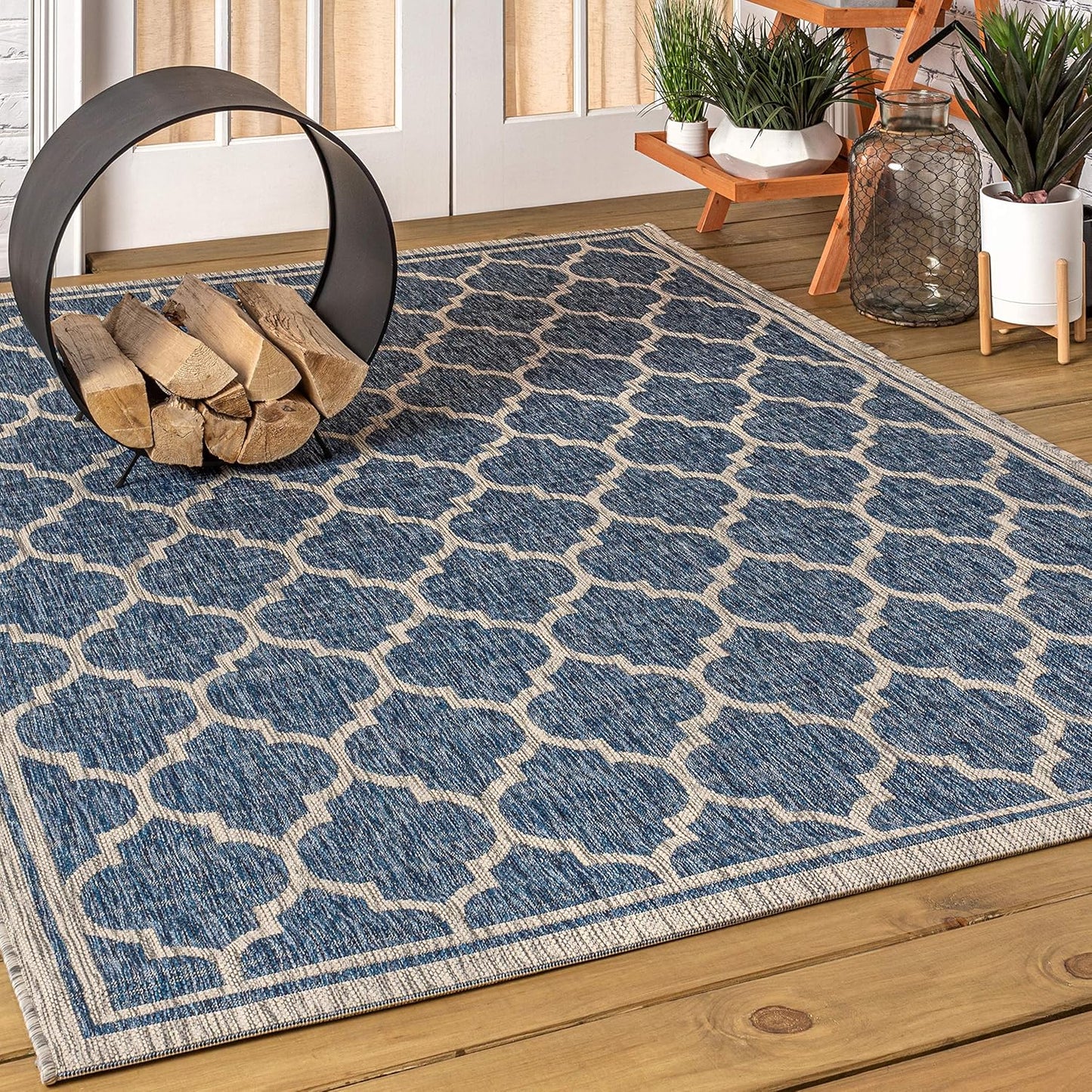 Eyely BMS109D-3 Santa Monica Trebol Moroccan Trellis Textured Weave Indoor/Outdoor Area Rug Coastal;Bohemian, Bedroom, Backyard, Patio, Easy-Cleaning, Non-Shedding, 3 X 5, Navy/Gray