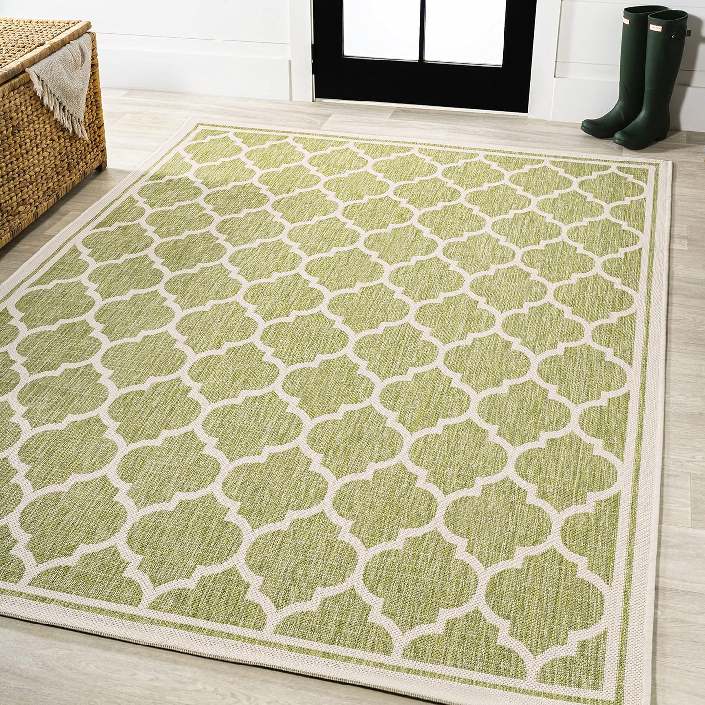 Eyely BMS109G-8 Santa Monica Trebol Moroccan Trellis Textured Weave Indoor/Outdoor Area Rug Coastal;Bohemian, Bedroom, Backyard, Patio, Easy-Cleaning, Non-Shedding, 8 X 10, Green/Cream