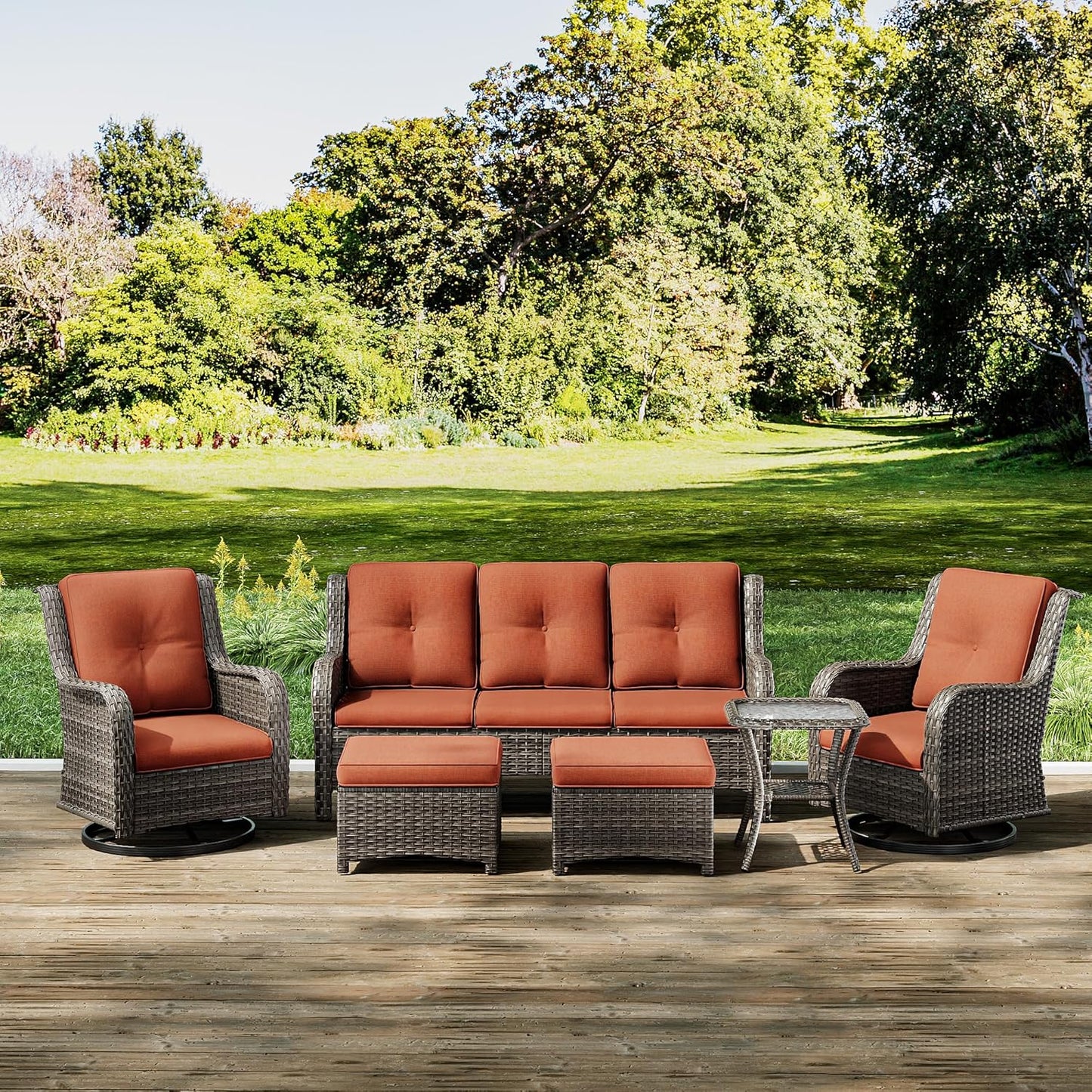 Joyside Wicker Patio Furniture Set 6 Piece Set with 1 Three-Seat Sofa, 2 Swivel Rocker Chairs, 2 Ottomans and 1 Side Table, Outdoor Furniture Patio Conversation Sets(Mixed Grey/Orange)