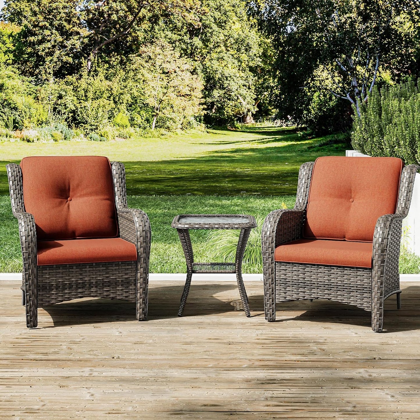 Joyside Patio Bistro Set Wicker Chairs - 3 Piece Outdoor Rattan Conversation Set with 2 Armrest Chair and 1 Side Table for Proch Deck Garden Backyard Balcony(Mixed Grey/Orange)