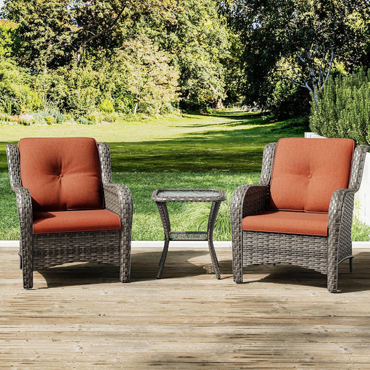 Joyside Patio Bistro Set Wicker Chairs - 3 Piece Outdoor Rattan Conversation Set with 2 Armrest Chair and 1 Side Table for Proch Deck Garden Backyard Balcony(Mixed Grey/Orange)