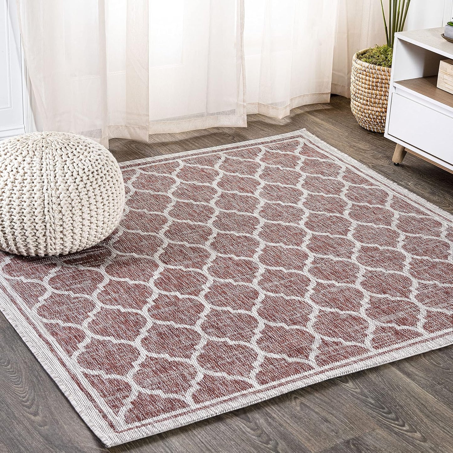 Eyely BMS109C-6SQ Santa Monica Trebol Moroccan Trellis Textured Weave, Pet Friendly, Non-Shedding, Stain Resistant, Easy-Cleaning, Red/Beige, 6' Square, Indoor/Outdoor, Area Rug