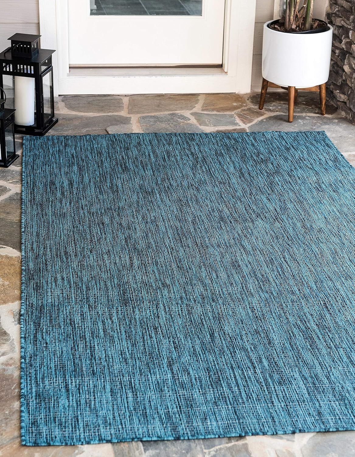 Unique Loom Collection Casual Transitional Solid Heathered Indoor/Outdoor Flatweave Area Rug (7' 1" x 10' Rectangle, Teal/Navy Blue)