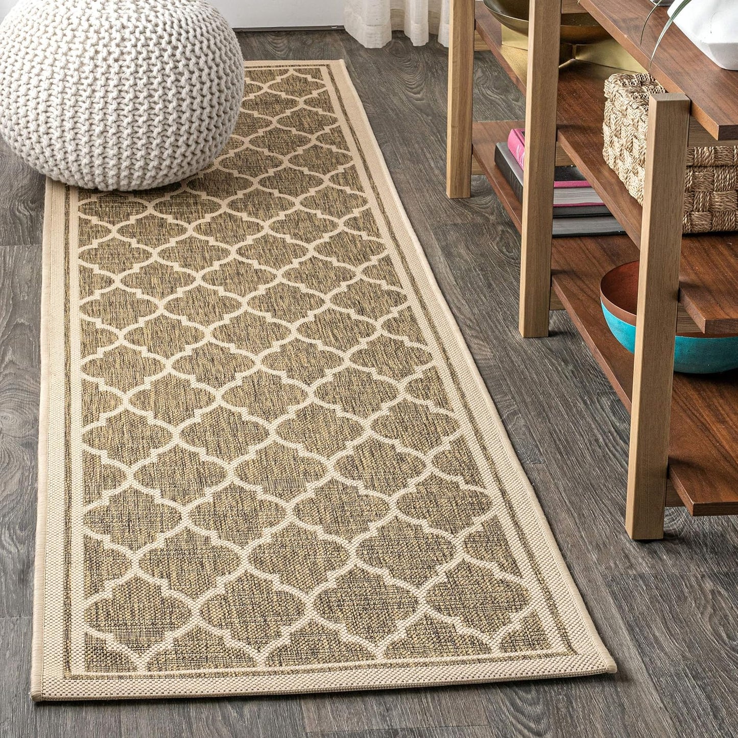 Eyely BMS109A-210 Santa Monica Trebol Moroccan Trellis Textured Weave Indoor/Outdoor Runner Rug Coastal;Bohemian, Bedroom, Backyard, Patio, Easy-Cleaning, Non-Shedding, 2 X 10, Brown/Beige