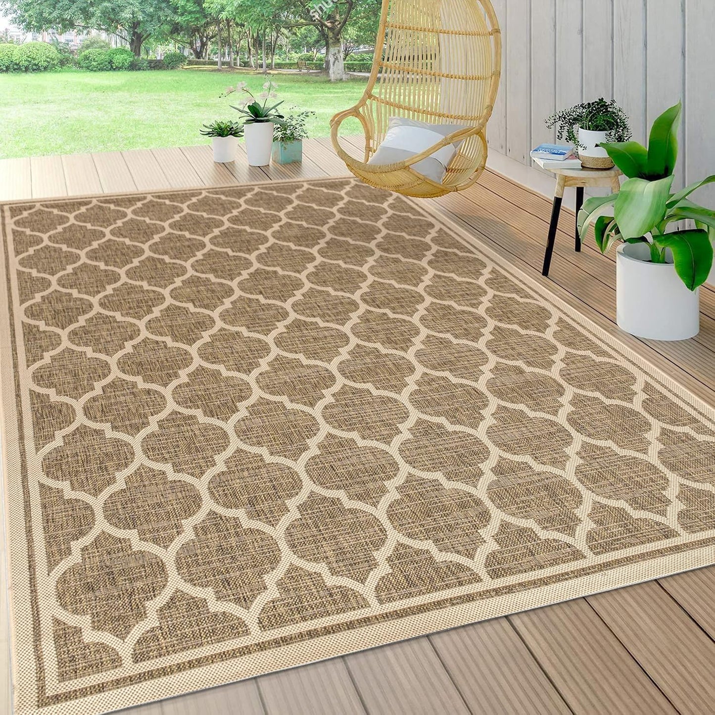 Eyely BMS109A-14 Santa Monica Trebol Moroccan Trellis Textured Weave, Pet Friendly, Non-Shedding, Stain Resistant, Easy-Cleaning, Brown/Beige, 10 ft. x 14 ft., Indoor/Outdoor, Area Rug