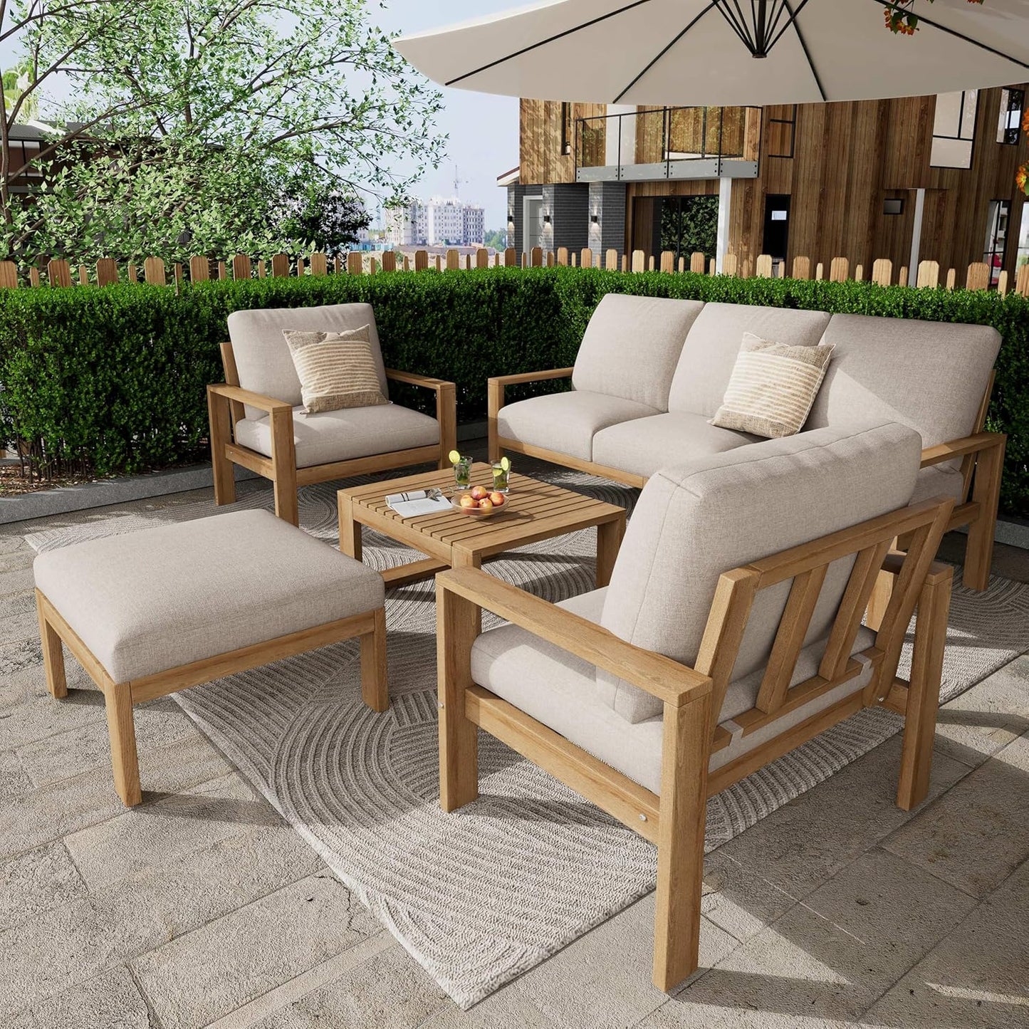 Outdoor 5 Pieces Sectional Patio Sofa Set, Acacia Wood Conversation Set with Coffee Table, Ottoman and 2 Chairs for Backyard Porch Garden Balcony