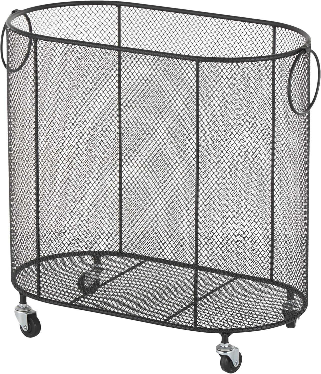 Deco 79 Metal Storage Cart Oval Mesh Wire Rolling Laundry with Ring Handles, 21" x 12" x 21", Black