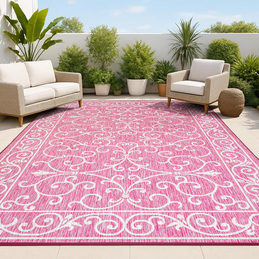 JONATHAN Y SMB106J-4 Charleston Vintage Filigree Textured Weave Indoor Outdoor Area Rug, Classic Traditional Easy-Cleaning,Bedroom,Kitchen,Backyard,Patio,Non Shedding, 4 X 6, Fuchsia/Light Gray