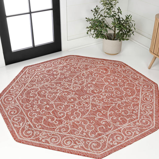 JONATHAN Y SMB106B-5TGN Charleston Vintage Filigree Textured Weave Red/Beige 5' Octagon Indoor/Outdoor Area Rug, Non-Shedding, Stain Resistant,Fade Resistant, Easy-Cleaning for Backyard Patio, Porch