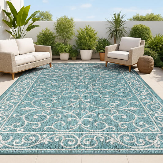JONATHAN Y SMB106F-4 Charleston Vintage Filigree Textured Weave Indoor/Outdoor Teal/Gray 4 ft. x 6 ft. Area Rug, Classic,Easy-Cleaning,HighTraffic,LivingRoom,Backyard, Non Shedding