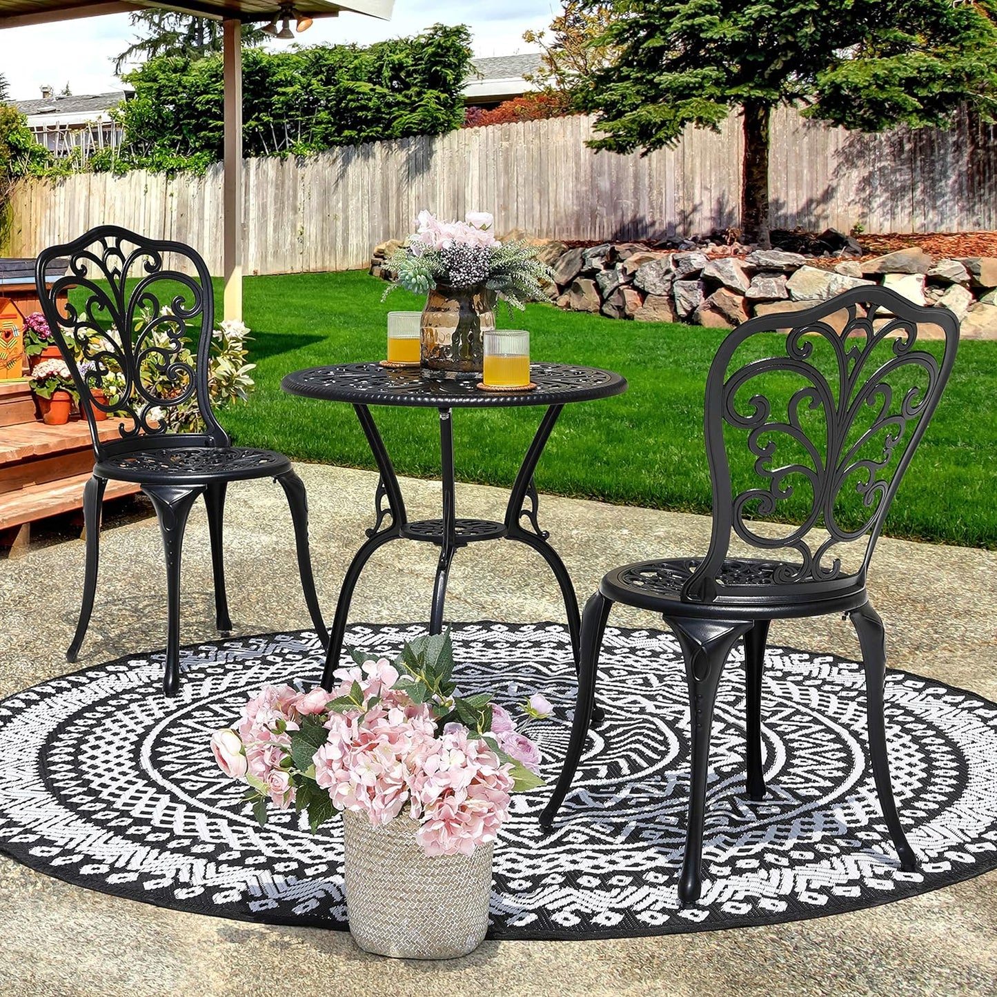 NUU GARDEN 3 Piece Outdoor Bistro Table Set, All Weather Cast Aluminum Patio Bistro Sets Patio Table and Chairs Set of 2 with Umbrella Hole for Yard, Garden, Balcony, Black