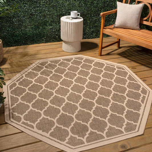 Eyely BMS109A-8TGN Trebol Moroccan Trellis Textured Weave Brown/Beige 8' Octagon Indoor/Outdoor Area Rug, Brown/Beige, 8' Octagon, Indoor/Outdoor, Area Rug