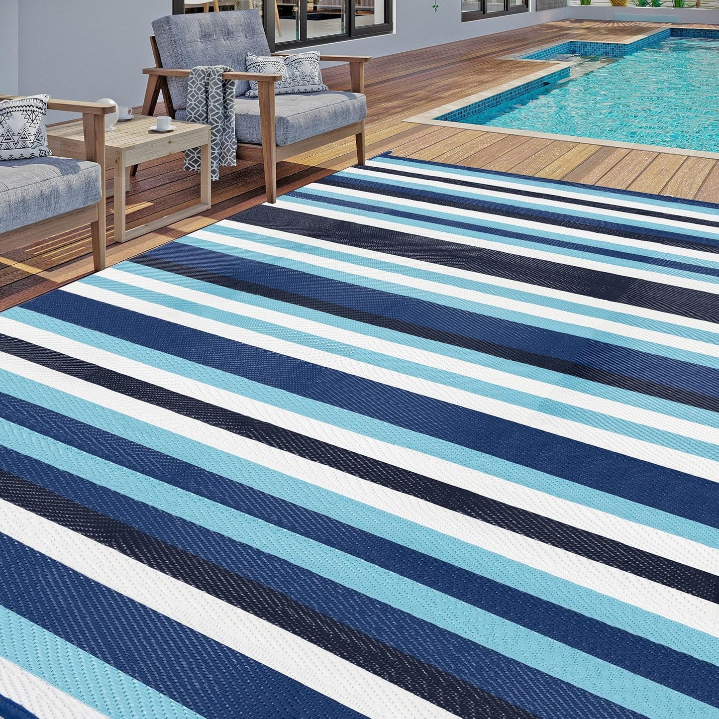 Outdoor Waterproof Rug 9'x12' Plastic Straw Rugs Washable Reversible Floor Mat Blue Stripe Carpet for Camping RV Deck Entryance Porch Picnic Balcony Beach Backyard