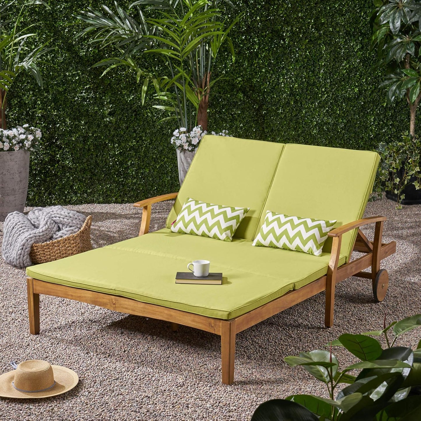 GDFStudio Samantha Double Chaise Lounge for Yard and Patio, Acacia Wood Frame, Teak Finish with Green Cushions, (307567)