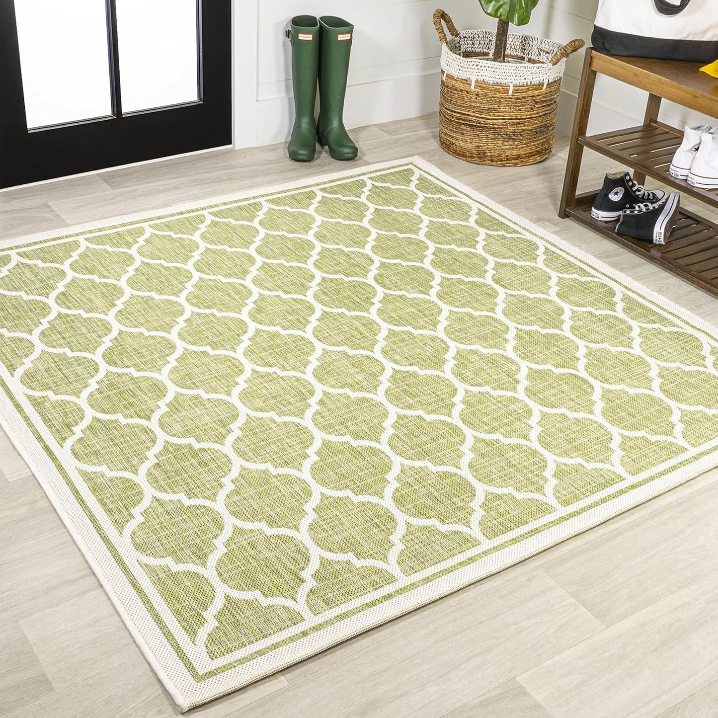 Eyely BMS109G-5SQ Santa Monica Trebol Moroccan Trellis Textured Weave Indoor/Outdoor Area Rug Coastal;Bohemian, Bedroom, Backyard, Patio, Easy-Cleaning, Non-Shedding, 5' Square, Green/Cream