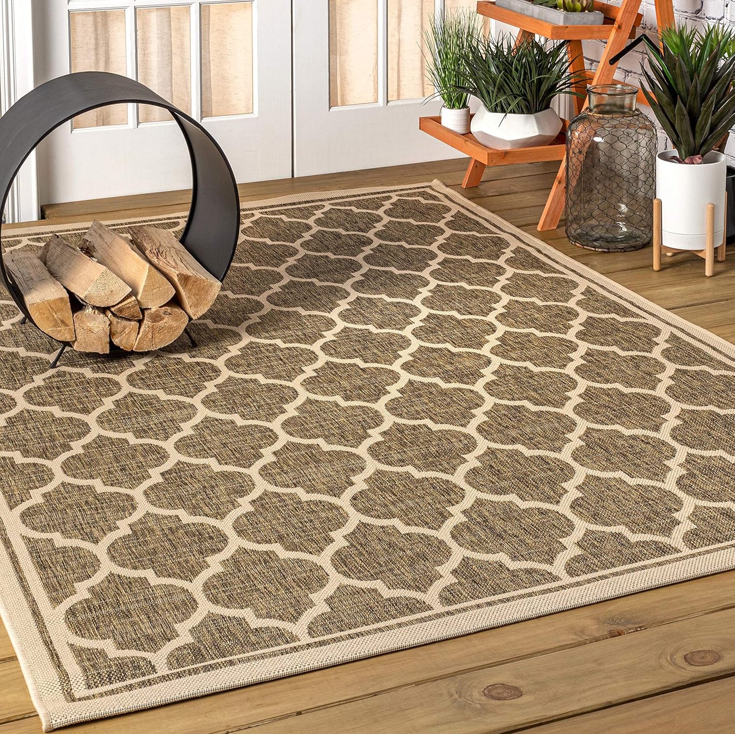 Eyely BMS109A-5 Santa Monica Trebol Moroccan Trellis Textured Weave Indoor/Outdoor Area Rug Coastal;Bohemian, Bedroom, Backyard, Patio, Easy-Cleaning, Non-Shedding, 5 X 8, Brown/Beige