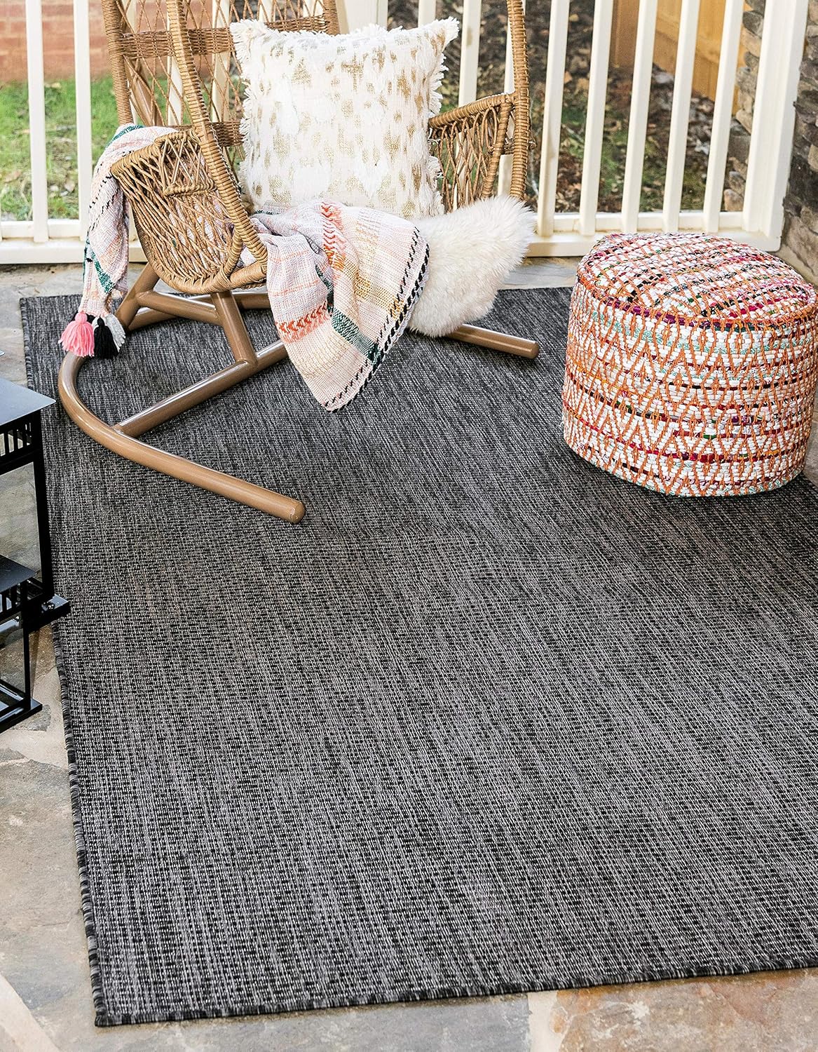 Unique Loom Collection Casual Transitional Solid Heathered Indoor/Outdoor Flatweave Area Rug (5' 1" x 8' Rectangle, Black/Ivory)