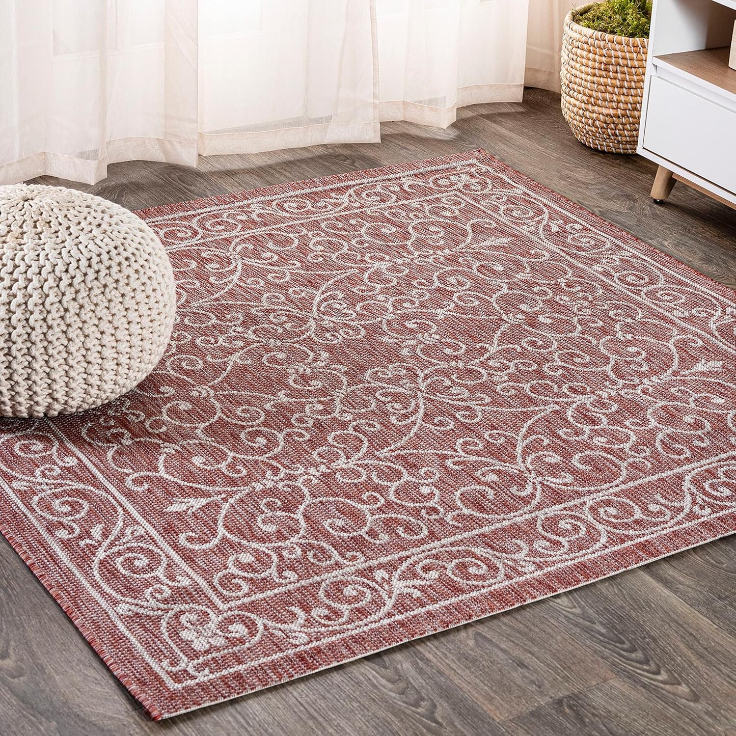 JONATHAN Y SMB106B-8SQ Charleston Vintage Filigree Textured Weave Red/Beige 8' Square Indoor/Outdoor Area Rug, Pet Friendly, Non-Shedding, Stain Resistant, Easy-Cleaning for Backyard, Patio, Porch