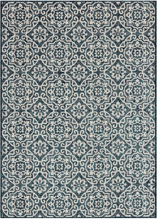 Nicole Miller New York Patio Country Julia Transitional Geometric Indoor/Outdoor Area Rug, Navy Blue/Ivory, 5'2"x7'2"