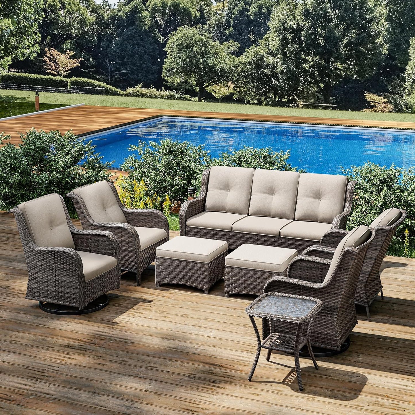 Joyside Wicker Patio Furniture Sets 8 Piece Set with 3-Seat Sofa, 2 Swivel Rocking Armchairs, 2 Armchairs, 2 Ottoman and 1 Side Table Wicker Outdoor Furniture Sectional Conversation Set, Beige