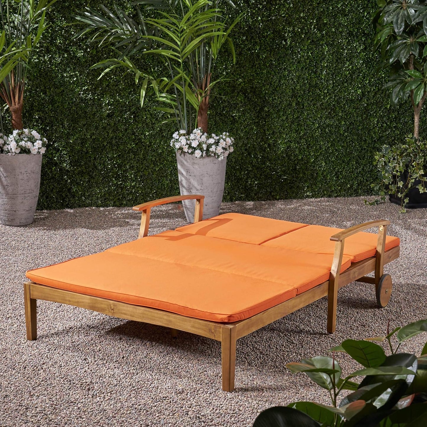 Christopher Knight Home Samantha Double Chaise Lounge for Yard and Patio, Acacia Wood Frame, Teak Finish with Orange Cushions