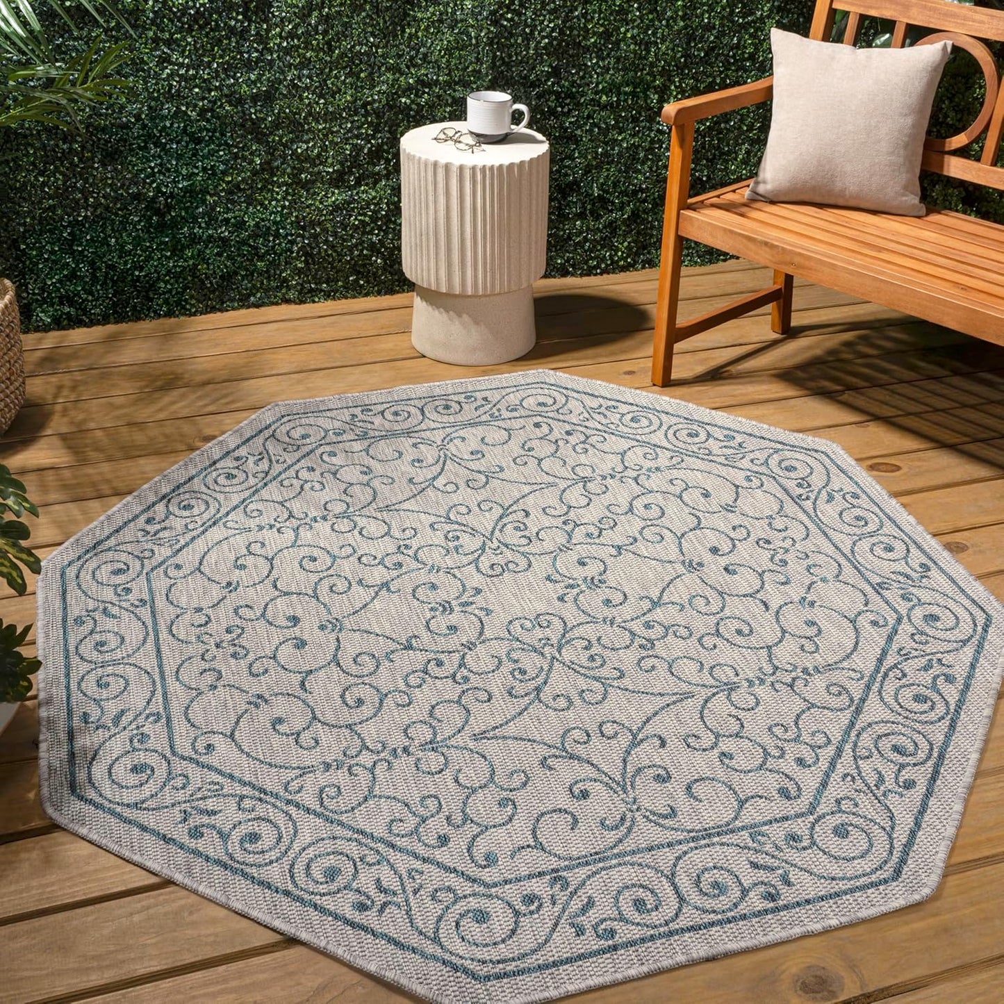 JONATHAN Y SMB106E-8TGN Charleston Vintage Filigree Textured Weave Gray/Teal 8' Octagon Indoor/Outdoor Area Rug, Non-Shedding, Stain Resistant,Fade Resistant, Easy-Cleaning for Backyard Patio, Porch