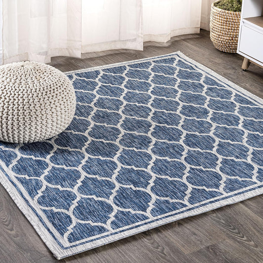 Eyely BMS109D-5SQ Santa Monica Trebol Moroccan Trellis Textured Weave Indoor/Outdoor Area Rug Coastal;Bohemian, Bedroom, Backyard, Patio, Easy-Cleaning, Non-Shedding, 5' Square, Navy/Gray