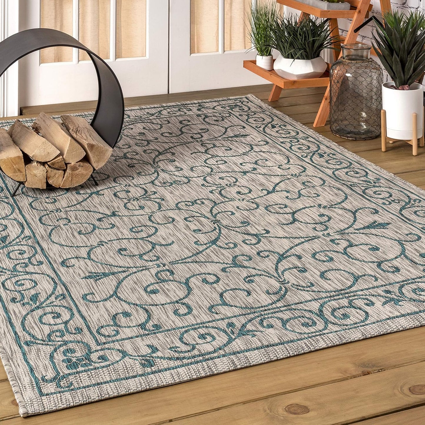 JONATHAN Y SMB106E-8 Charleston Vintage Filigree Textured Weave Indoor Outdoor Rug LivingRoom Backyard,8 X 10,Gray/Teal