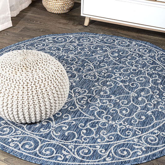 JONATHAN Y SMB106D-6R Charleston Vintage Filigree Textured Weave Navy/Gray 6' Round Indoor/Outdoor Area Rug, Pet Friendly, Non-Shedding, Stain Resistant, Easy-Cleaning for Backyard, Patio, Porch
