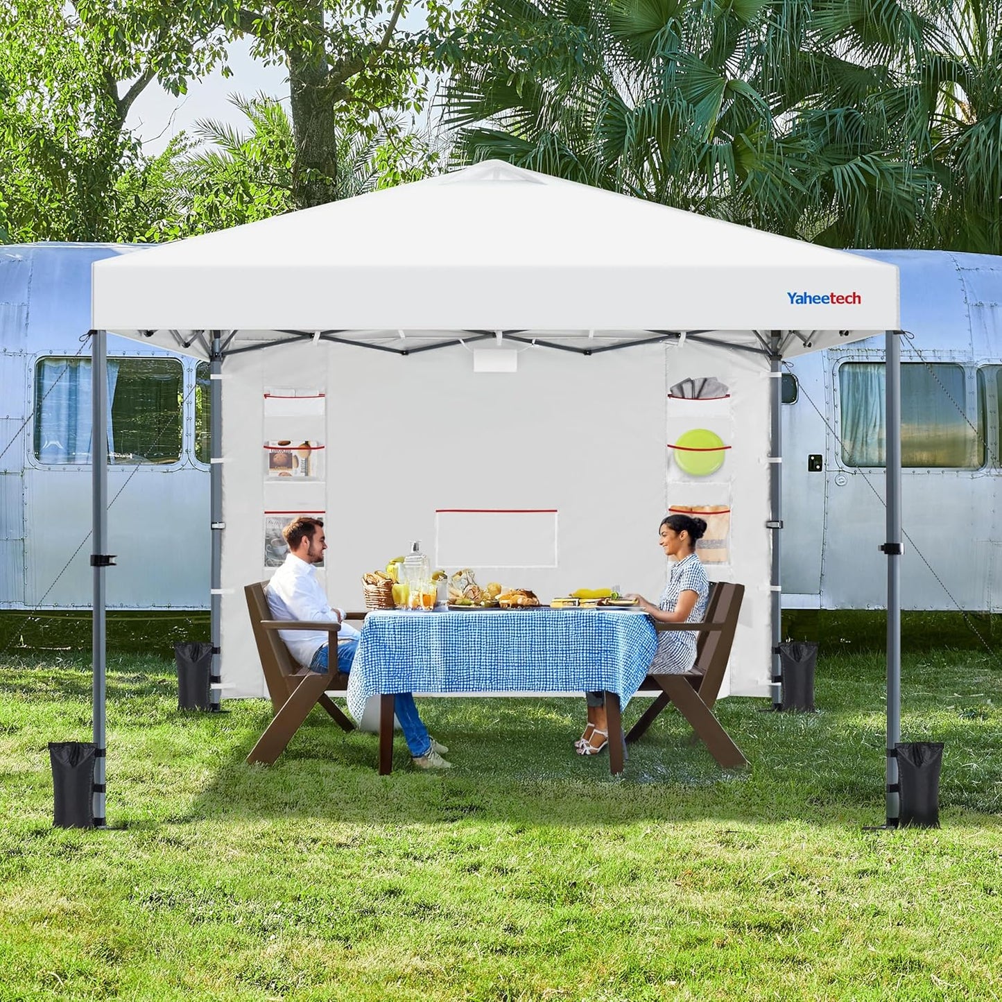 Yaheetech 8x8 Pop-up Canopy Tent w/Removable Pockets Sidewall for Extra Storage, Outdoor Sun Shelter Waterproof & Durable w/Wheeled Bag, Sandbags & Guylines for Beach Camping Party (White)