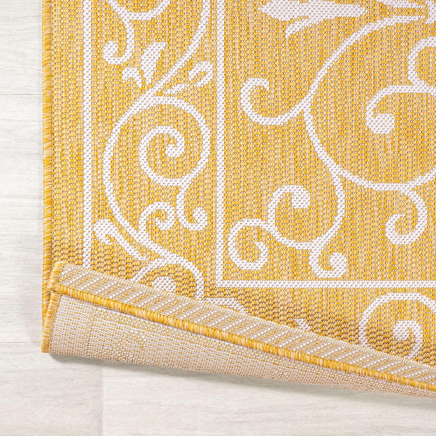 JONATHAN Y SMB106L-210 Charleston Vintage Filigree Textured Weave Indoor Outdoor Runner Rug, Classic,Traditional,Transitional Easy Clean,Bedroom,Kitchen,Backyard,Patio, Non-Shed, Yellow/Cream, 2 X 10