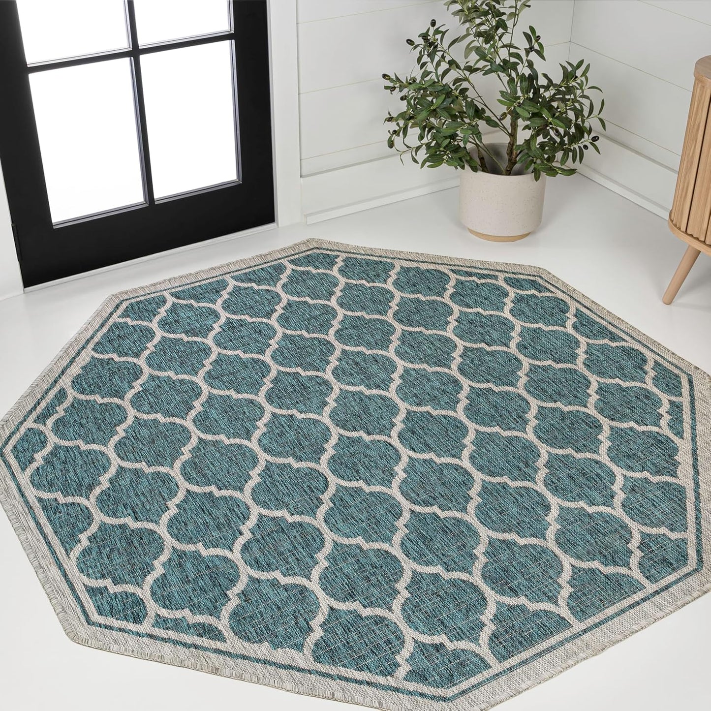 Eyely BMS109E-5TGN Trebol Moroccan Trellis Textured Weave Teal/Gray 5' Octagon Indoor/Outdoor Area Rug, Teal/Gray, 5' Octagon, Indoor/Outdoor, Area Rug