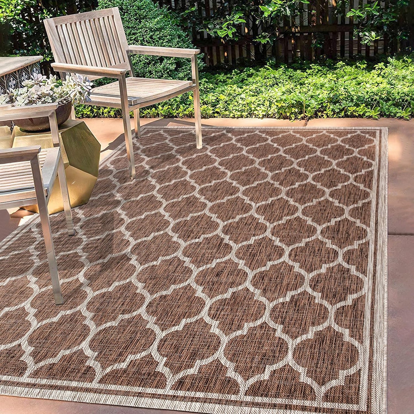 Eyely BMS109B-5 Santa Monica Trebol Moroccan Trellis Textured Weave Indoor/Outdoor Area Rug Coastal;Bohemian, Bedroom, Backyard, Patio, Easy-Cleaning, Non-Shedding, 5 X 8, Espresso/Taupe