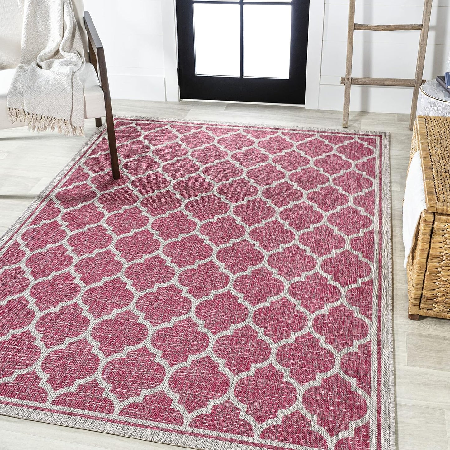 Eyely BMS109H-4 Santa Monica Trebol Moroccan Trellis Textured Weave Indoor/Outdoor Area Rug Coastal;Bohemian, Bedroom, Backyard, Patio, Easy-Cleaning, Non-Shedding, 4 X 6, Fuchsia/Light Gray