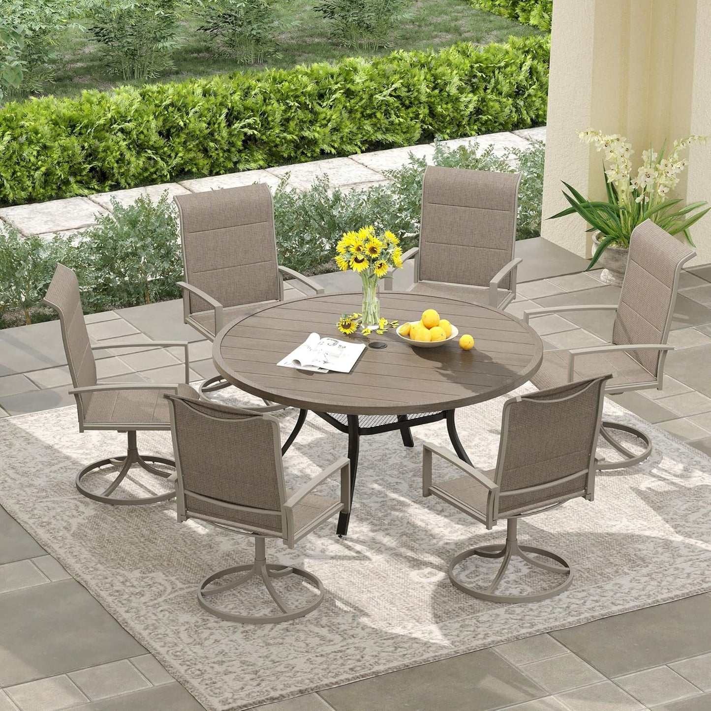 DIFY 48" Round Patio Dining Table for 6, Outdoor Metal Dining Table with 1.57" Umbrella Hole for Backyard Lawn Garden, Grey Wood-Like